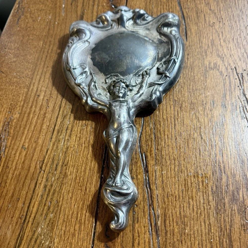 Antique Art Nouveau Silverplate Beveled Hand Mirror, Cupid & Arrow, 1904 Derby